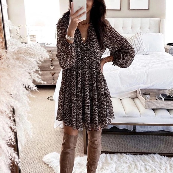 Lantern Sleeve Dot Print Ruffles Casual V-neck Long Sleeve Button Mini Dress - Picture 2 of 3